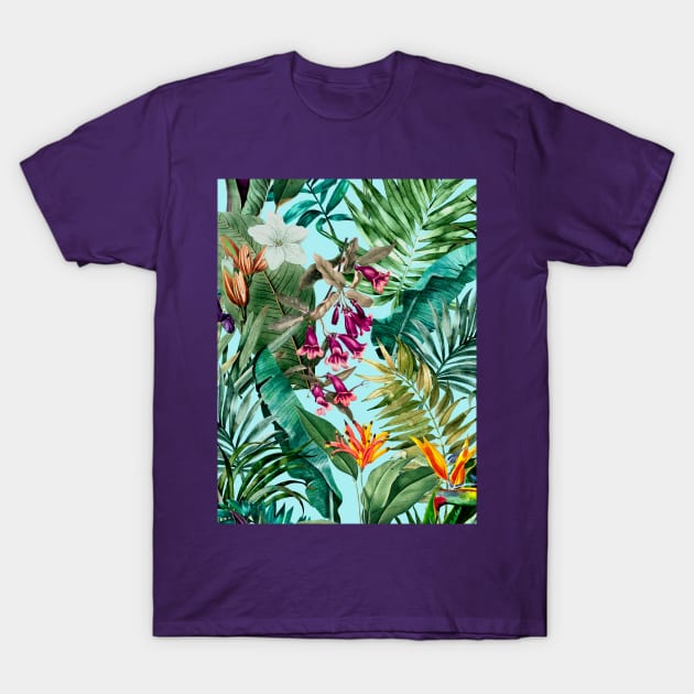 Elegant Tropical floral leaves and foliage botanical illustration, botanical pattern, tropical plants, baby blue leaves pattern over a T-Shirt T-Shirt by Zeinab taha